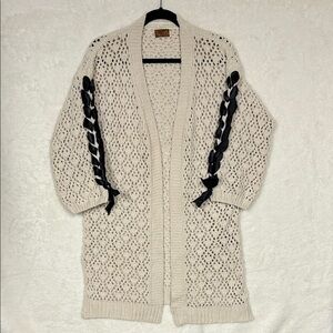 POL Cardigan Open Front Knit Cream with Black Ribbon Detail Sleeves Size Small